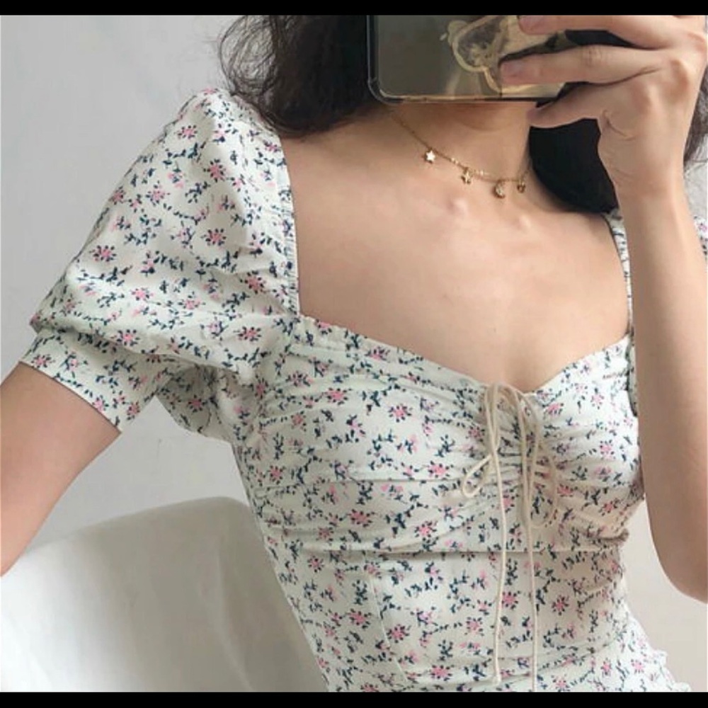 Floral dress chiffon puff sleeve womens lace flower dress - Picture 6 of 8
